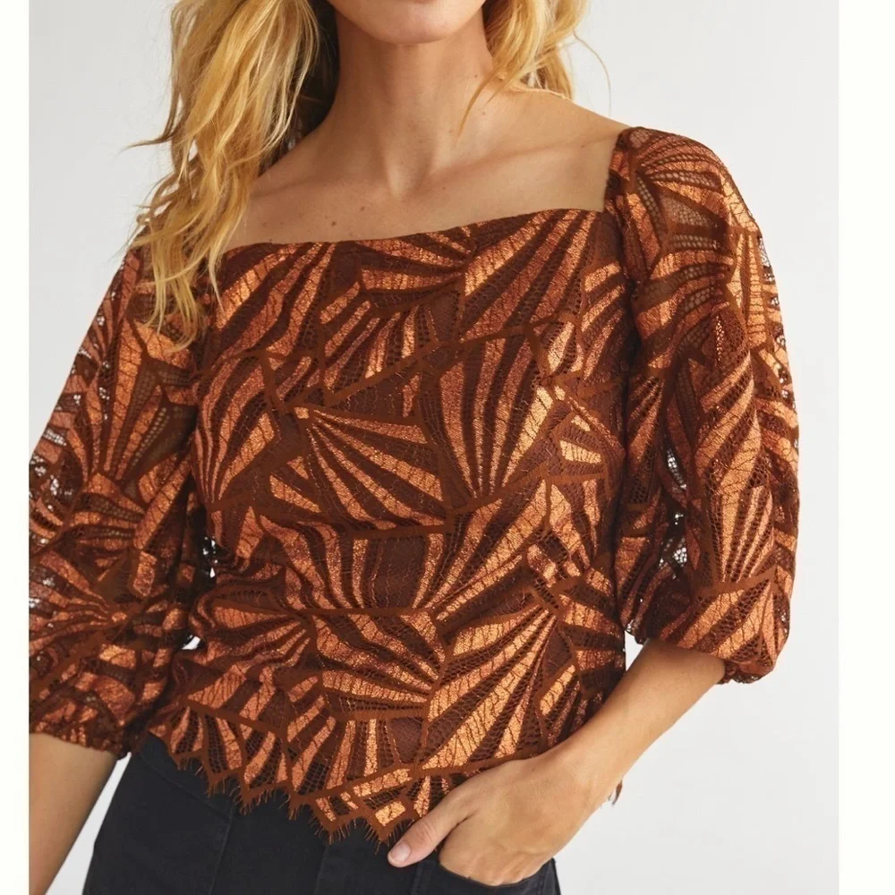 NEW Anthropologie Eva Franco Shine Animal Print Golden Lace Blouse - Size Large